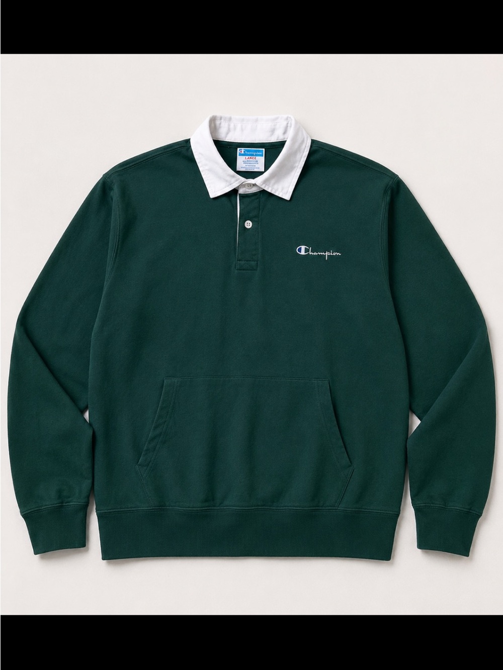 Champion Rugby Collar Sweatshirt Men Medium Green White Logo Pullover Colligate